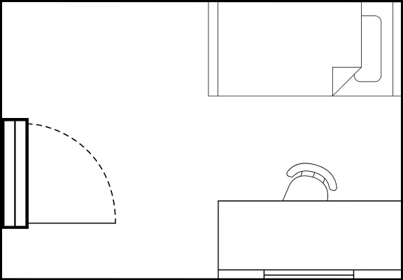 Wolfson House non ensuite floorplan, featuring a bed in top right-hand corner and desk and chair in bottom right corner, with doorway on the left