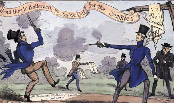 A cartoon depicting the Earl of Winchilsea and Duke of Wellington duel in Battersea.