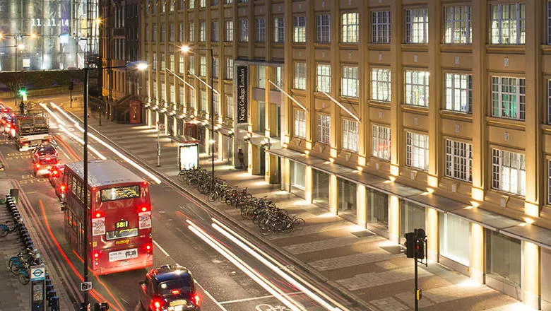 Waterloo campus exterior at night.